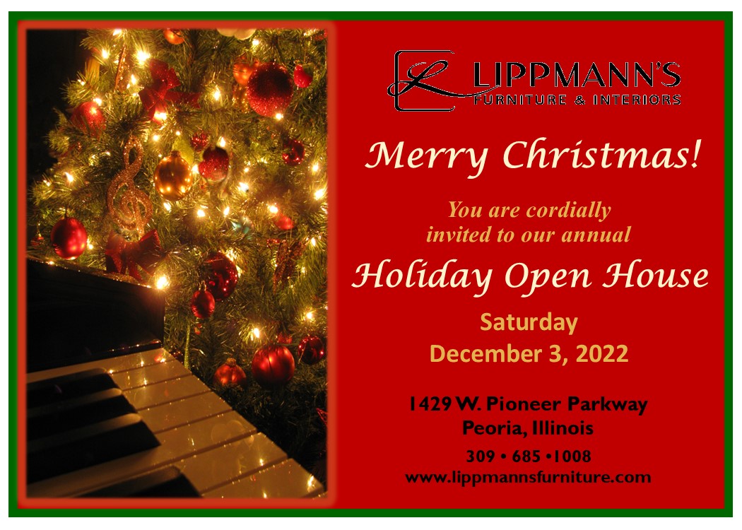 2212_Holiday Open House_Postcard_Dec. 3, 2022_Front_Piano Get a $100 Instant Rebate for every $1,000 in Stressless purchases